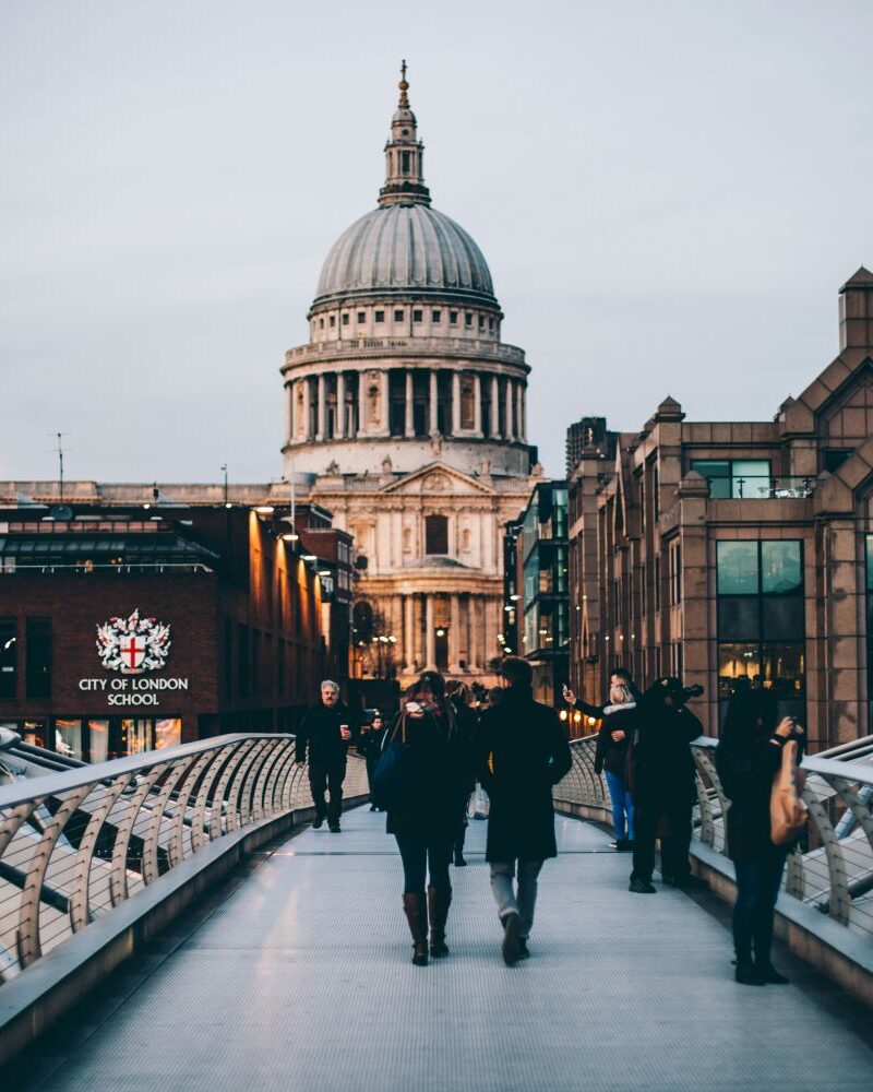 Best Coffee Shops in London: Image of people crossing Millennium Bridge in London at Sunset