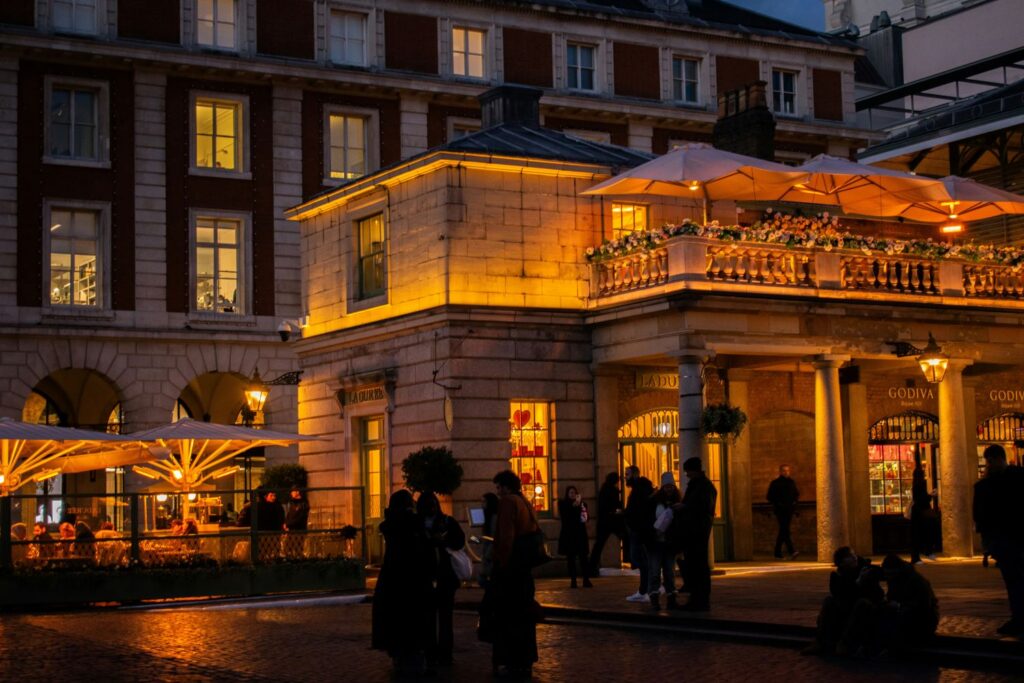 Covent Garden Market building at night with uplighting