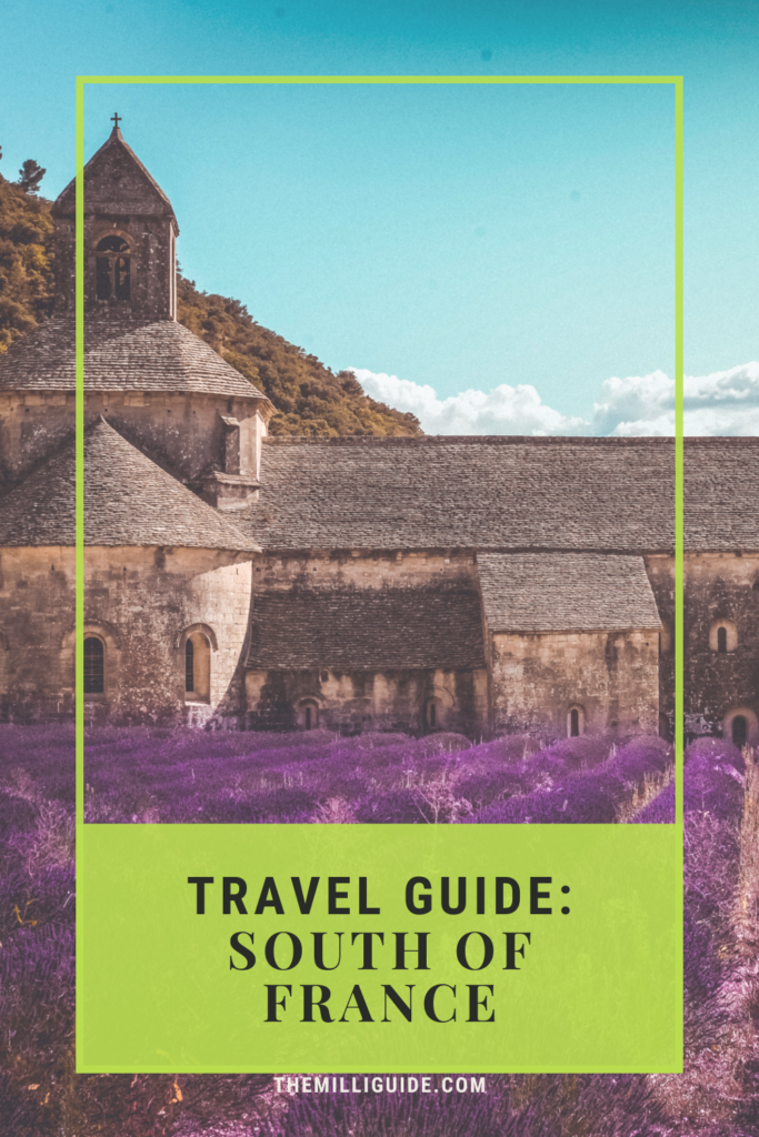 Provence: A stone church in background with lavender fields in foreground. Title of the article in a lime green box